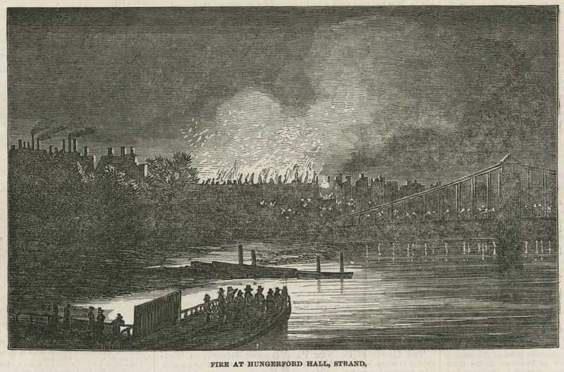 A destruição pelo fogo de Hungerford Hall, Strand, Londres de English School