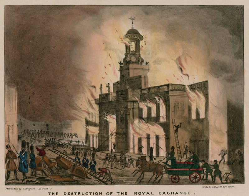 A destruição do Royal Exchange, Londres, por fogo na noite de 10 de janeiro de 1838 de English School