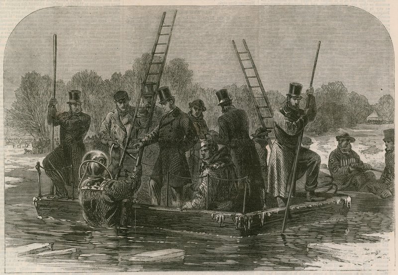 O desastre no gelo no Regents Park; Mergulhadores procurando pelos mortos de English School