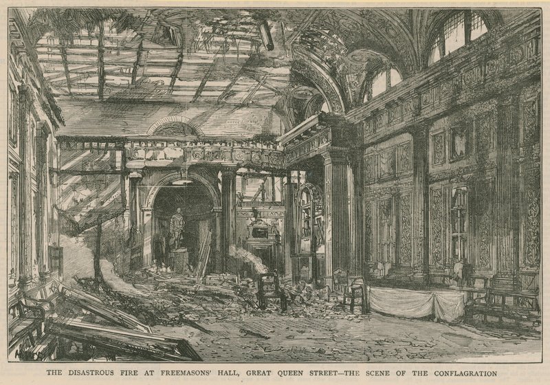 O incêndio desastroso no Freemasons Hall, na Great Queen Street, em Londres de English School
