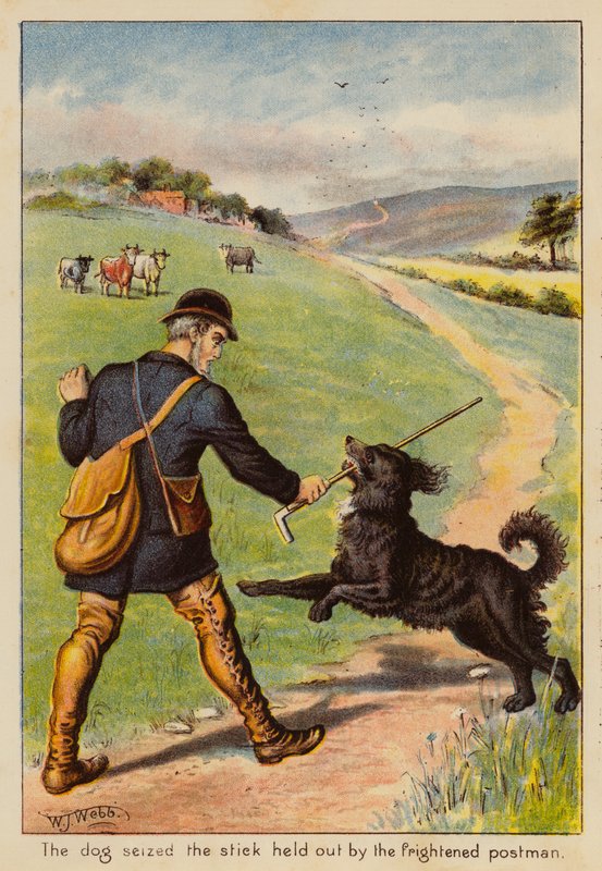 O cão agarrou o pau estendido pelo carteiro assustado (litografia a cores) de English School