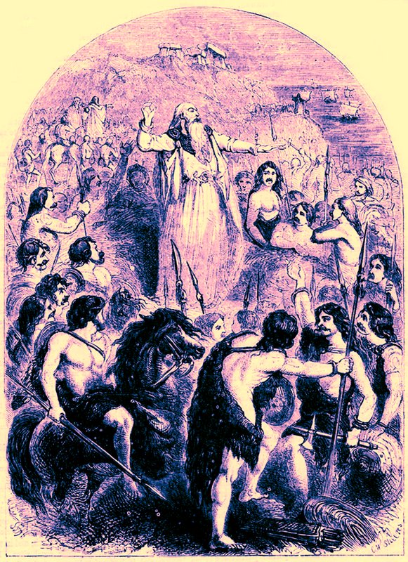 Os druidas que incitam os bretões a se oporem ao desembarque dos romanos, ilustração de Cassells Illustrated Universal History, de Edward Ollier, publicada em 1890 (imagem digitalmente aprimorada) de English School