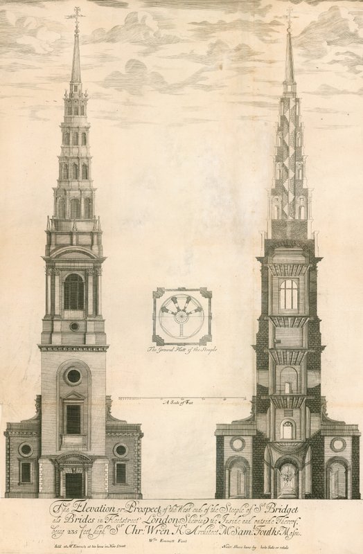 A elevação e perspectiva do extremo oeste da torre da igreja St. Brides em Fleet Street, Londres de English School
