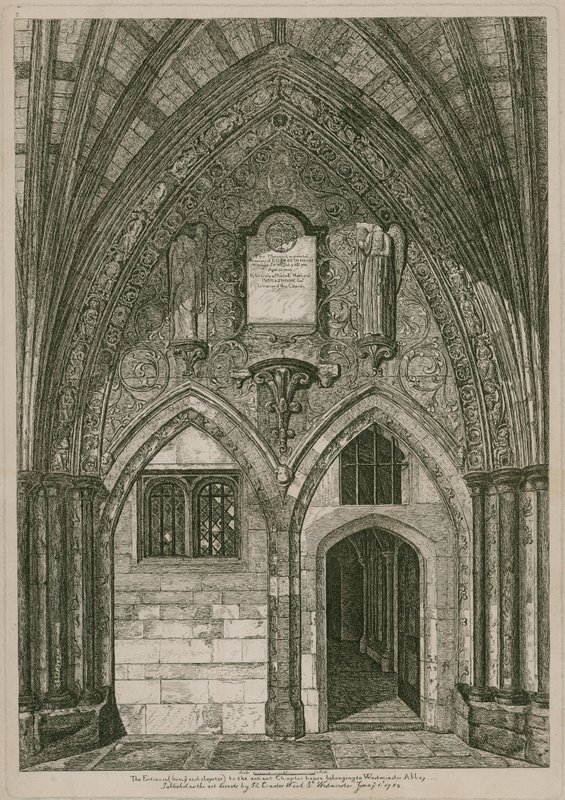 A entrada do claustro oriental para a antiga Chapter House, Abadia de Westminster, Londres de English School