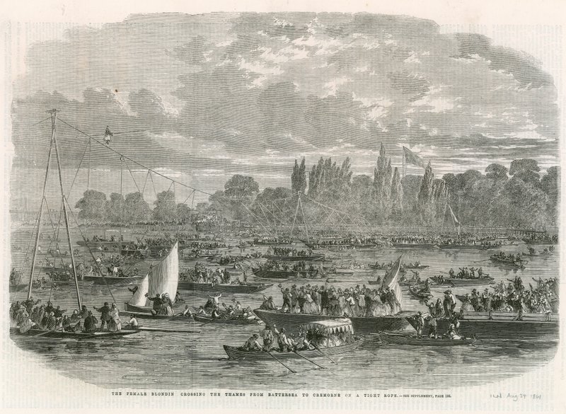 A fêmea Blondin cruzando o Tâmisa de Battersea a Cremorne em uma corda bamba de English School