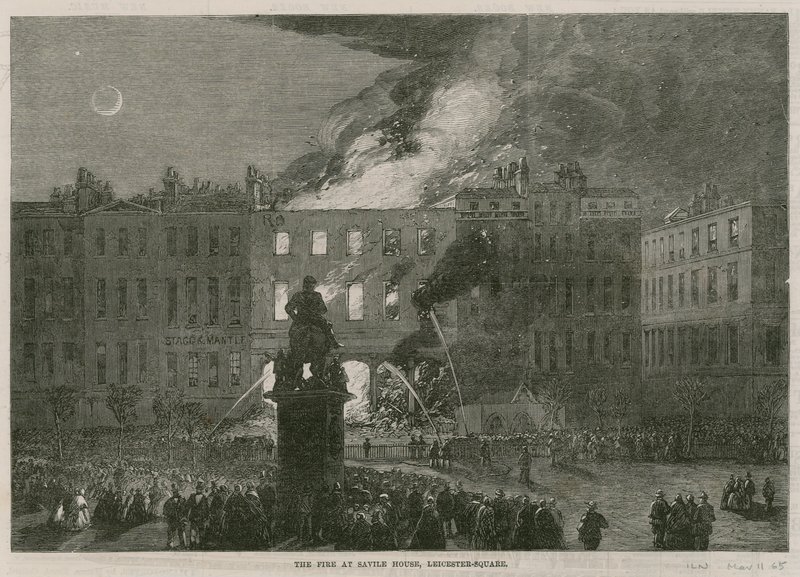 O incêndio na Savile House, Leicester Square, Londres de English School