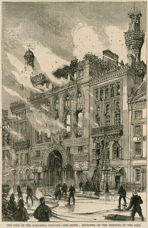 O incêndio no Teatro Alhambra - as ruínas, esboçadas na manhã do incêndio, 7 de dezembro de 1882 de English School