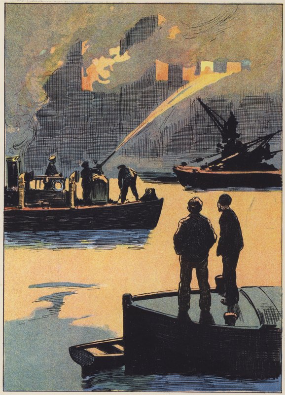 Os bombeiros a trabalhar no rio (cor litho) de English School