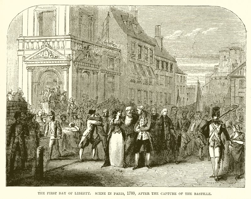 O primeiro dia da liberdade. Cena em Paris, 1789, após a captura da Bastilha de English School