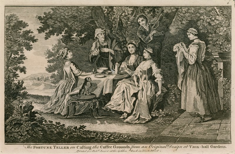 A cartomante em fundir o pó de café de uma pintura original em Vauxhall Garndens, Londres de English School