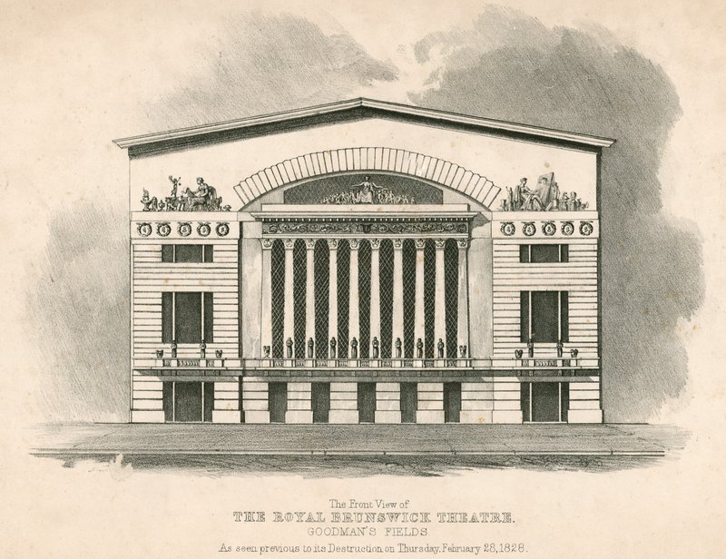 A, vista dianteira, de, a, real, brunswick, teatro, Goodmans, campos, londres de English School