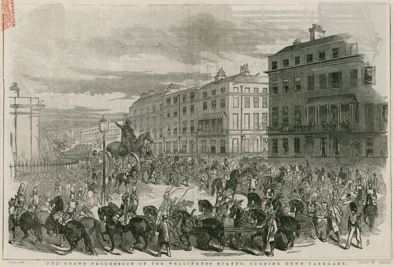 A grande procissão da estátua de Wellington virando a Park Lane de English School