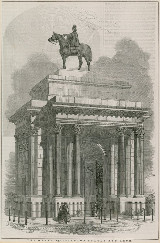 A grande estátua de Wellington e arco, Hyde Park Corner, Londres de English School