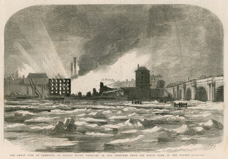 O grande incêndio em Bankside na noite de sexta-feira, 14 de fevereiro de 1855, esboçado a partir da margem norte do Tâmisa de English School