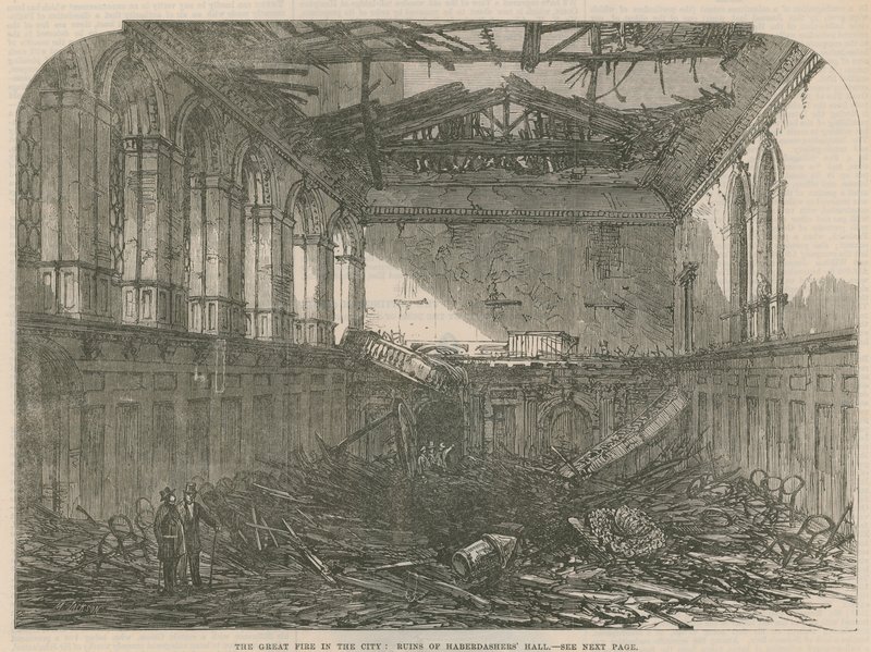 O grande incêndio da cidade: ruínas do Haberdashers Hall de English School