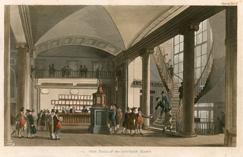 O salão do leilão Mart, St Bartholomews Lane, Londres de English School