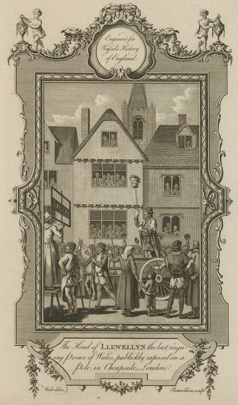 O chefe de Llewellyn, o último príncipe de Gales, exposto publicamente em um poste em Cheapside, Londres de English School