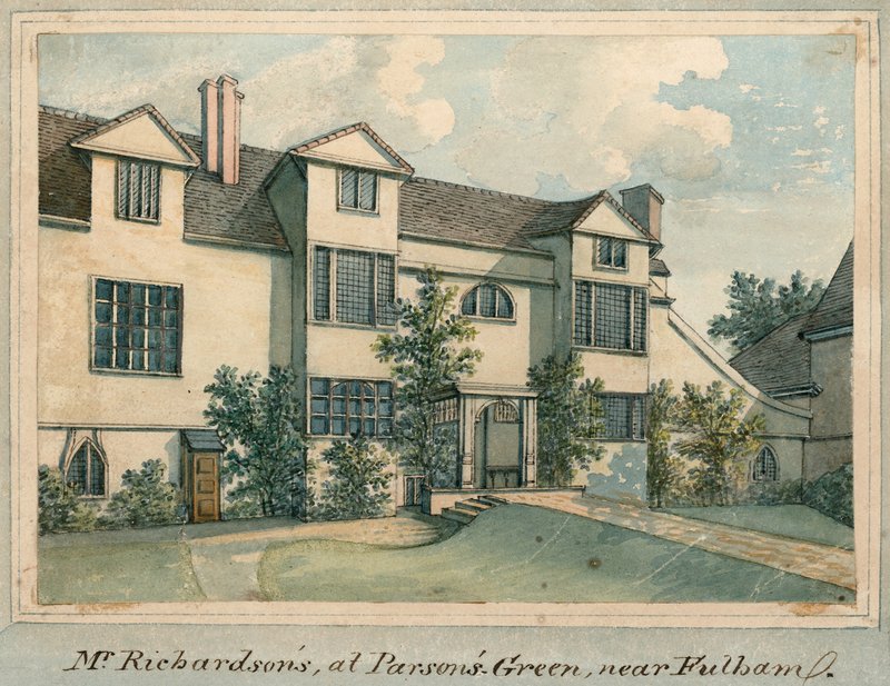 A casa de Samuel Richardson em Parsons Green, perto de Fulham, Londres (wc no papel) de English School