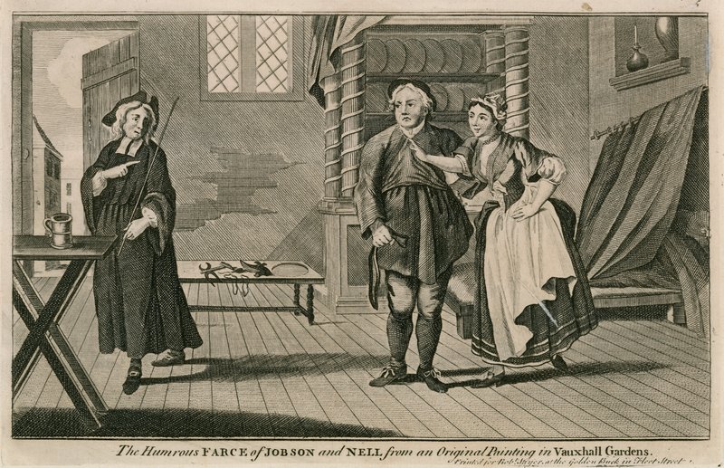 A farsa humorística de Jobson e Nell de uma pintura original em Vauxhall Gardens, Londres de English School
