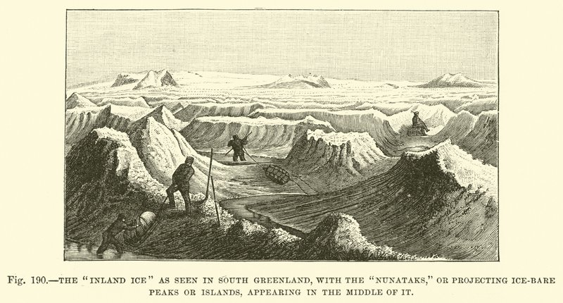 O gelo interior visto no sul da Groenlândia, com os Nunataks, ou projetando picos ou ilhas geladas, aparecendo no meio dele de English School