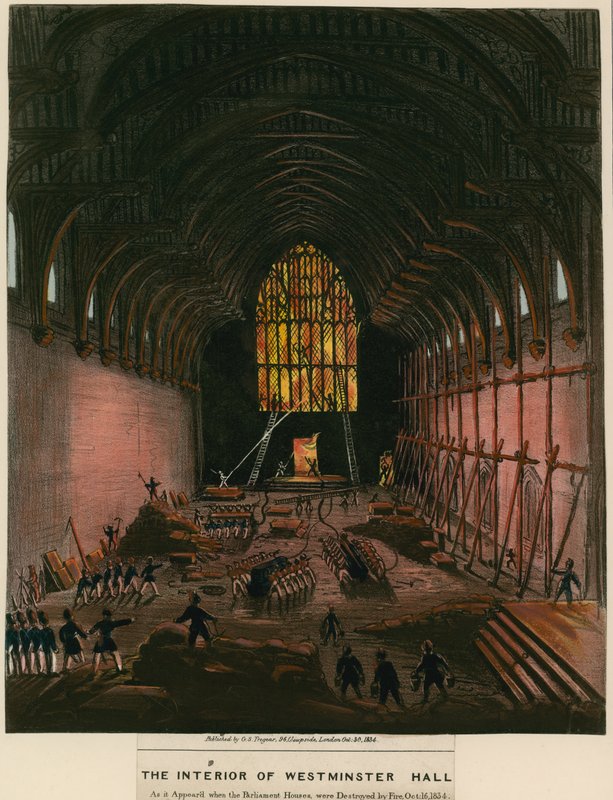 O interior do Westminster Hall como apareceu quando as Casas do Parlamento foram destruídas pelo fogo de English School