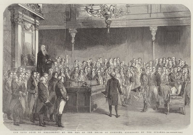 O falecido Duque de Wellington, no Bar da Câmara dos Comuns, proferido pelo Orador (gravura) de English School