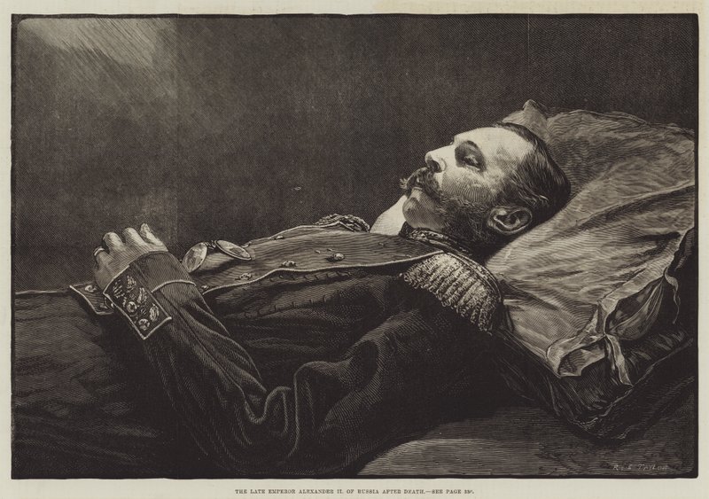 O falecido Imperador Alexandre II da Rússia após a sua morte (gravura) de English School