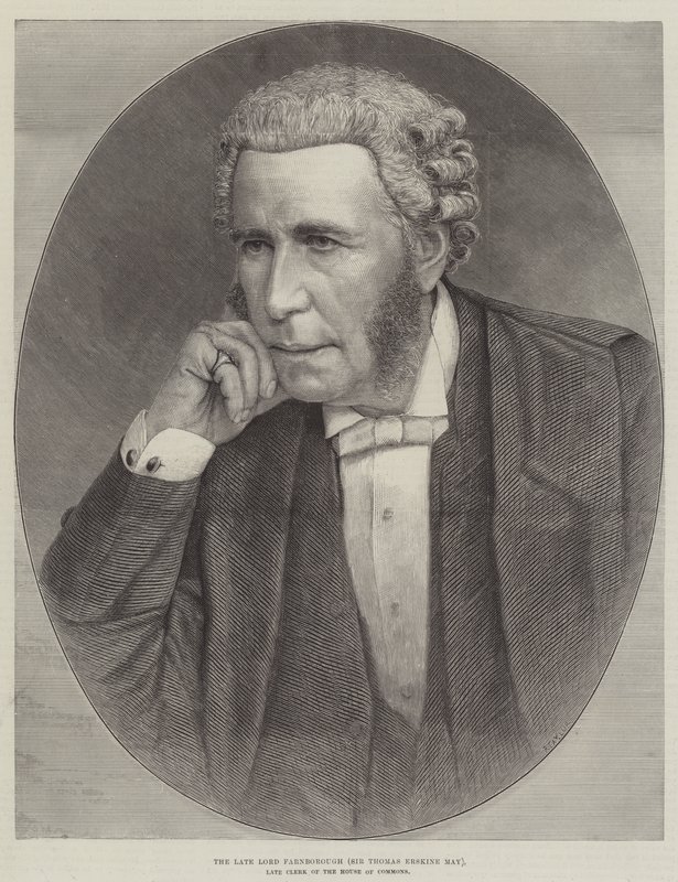 O falecido Lord Farnborough (Sir Thomas Erskine May), falecido Escrivão da Câmara dos Comuns (gravura) de English School