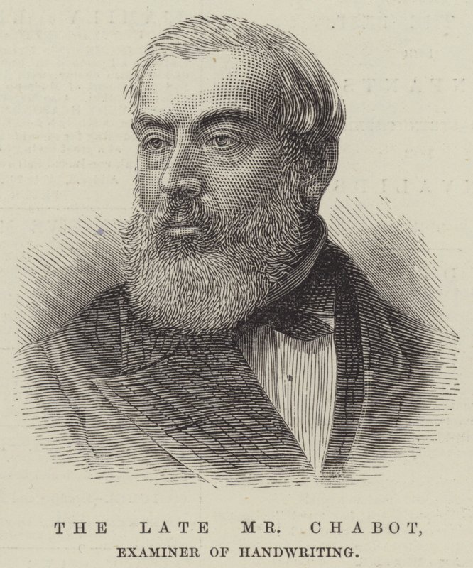 O falecido Sr. Chabot, Examinador de Caligrafia (gravura) de English School