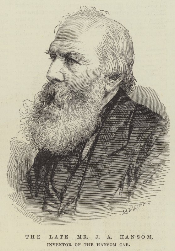 O falecido Sr. J A Hansom, Inventor da Cabine Hansom (gravura) de English School