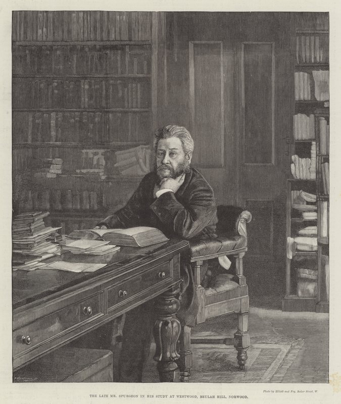 O falecido Sr. Spurgeon no seu Estudo em Westwood, Beulah Hill, Norwood (gravura) de English School