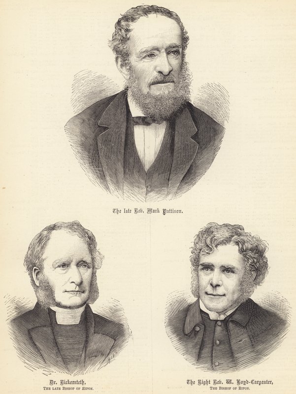 O falecido Reverendo Mark Pattison, Dr. Rickersteth, o falecido Bispo de Ripon, o Reverendo Direito (gravura) de English School