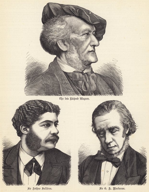 O falecido Richard Wagner, Sir Arthur Sullivan, Sir G A Macfarren (gravura) de English School