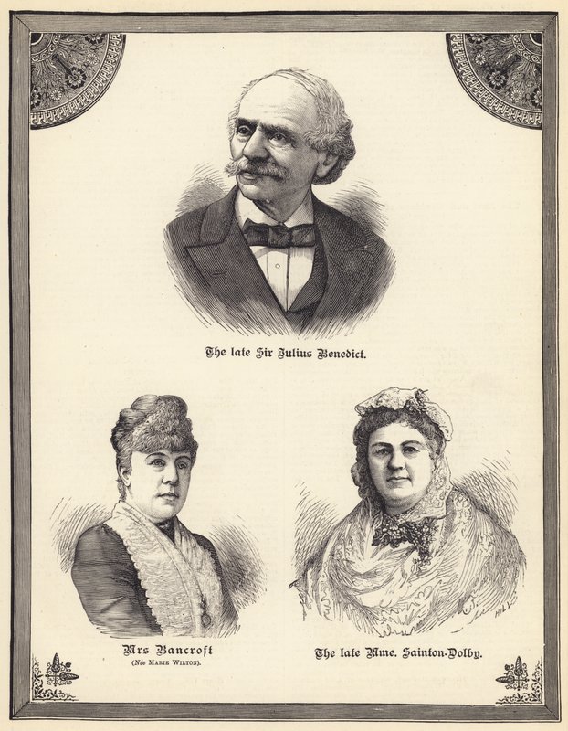 O falecido Sir Julius Benedict, a Sra. Bancroft (nee Marie Wilton), a falecida Madame Sainton Dolby (gravura) de English School