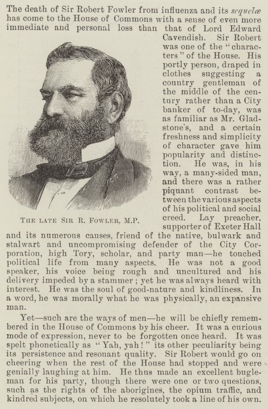 O falecido Sir R Fowler, deputado (gravura) de English School