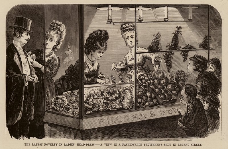 A última novidade em chapéus de senhora, vista de uma loja de frutas da moda em Regent Street (gravura) de English School