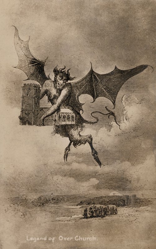 A lenda do diabo e da Igreja de St Chad na aldeia de Over, Cheshire (litho) de English School