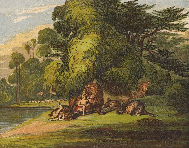 O leopardo deitar-se-á com o cabrito, e um menino pequeno os guiará (litografia a cores) de English School