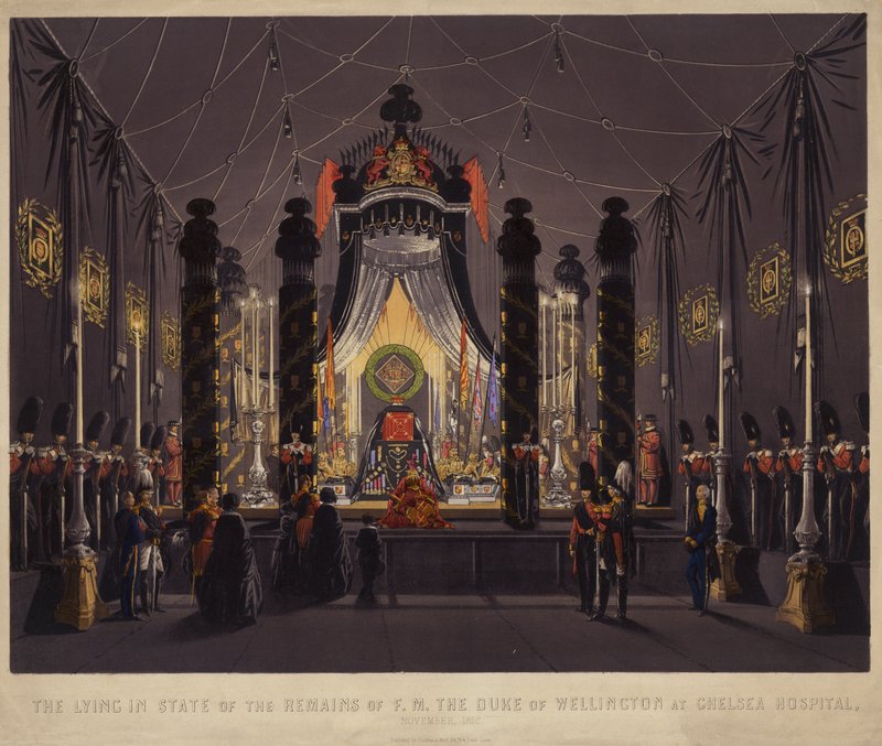 O estado dos restos mortais de F M O Duque de Wellington no Chelsea Hospital, Novembro de 1852 (gravura a cores) de English School
