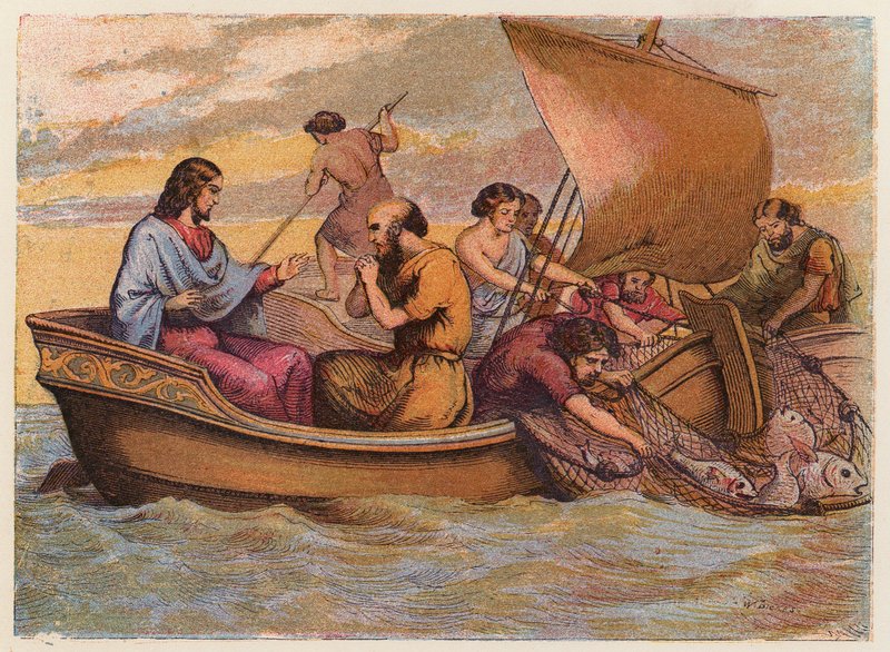 A pesca milagrosa dos peixes (litografia a cores) de English School