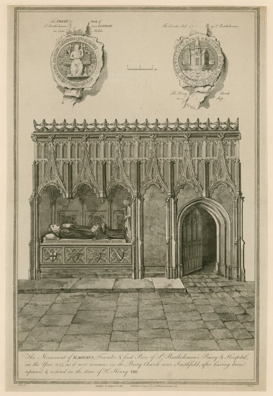 O momumento de Raherus, fundador e primeiro prior de St. Bartholomews Priory and Hospital no ano 1123 de English School