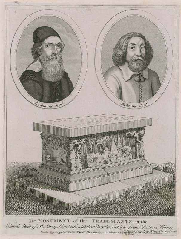 O monumento dos Tradescants no pátio da igreja de St Mary, Lambeth de English School