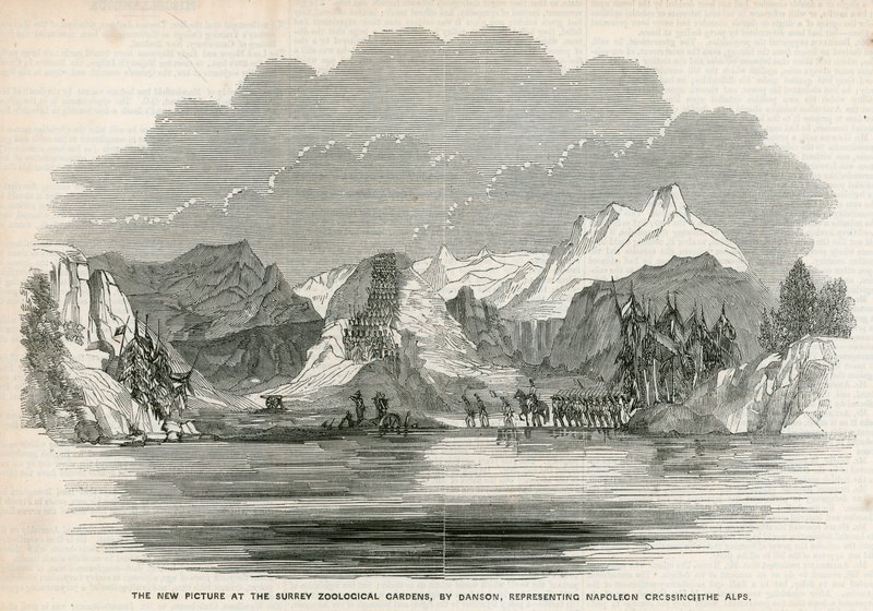 A nova imagem no Surrey Zoological Gardens, por Danson, representando Napoleão cruzando os Alpes de English School