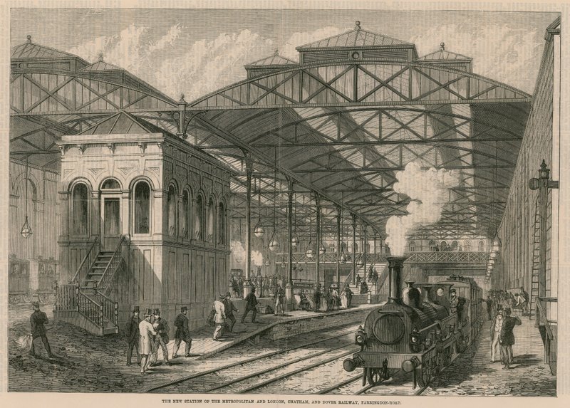 A nova estação da ferrovia Metropolitan e London, Chatham e Dover, Farringdon Road, Londres de English School