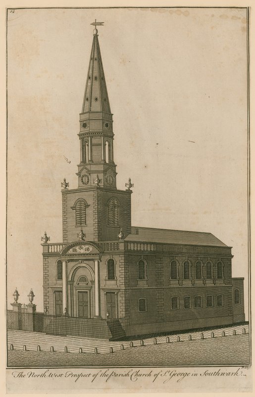 A perspectiva do noroeste da igreja paroquial de São Jorge em Southwark, Londres de English School