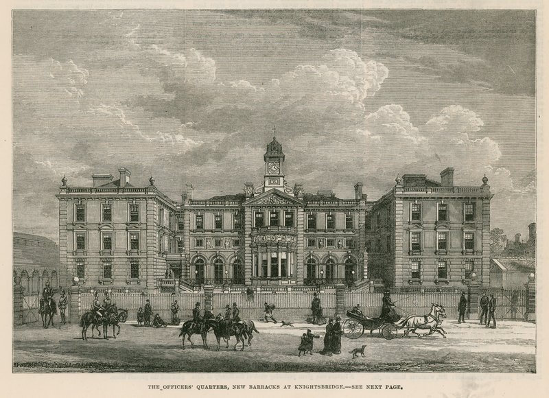 O quartel dos oficiais no novo quartel de cavalaria em Knightsbridge de English School