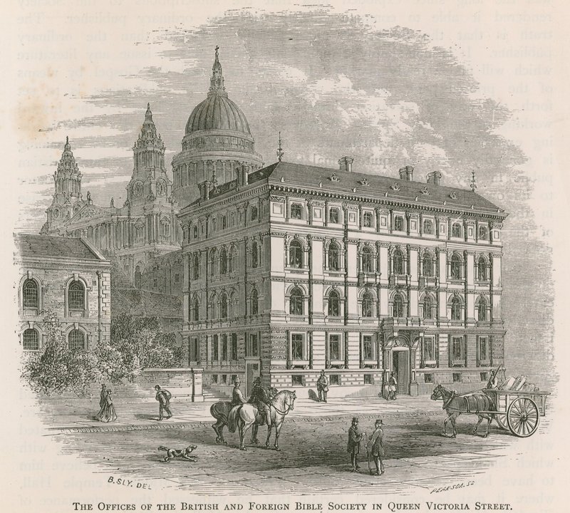 Os escritórios da Sociedade Bíblica Britânica e Estrangeira na Queen Victoria Street, Londres de English School