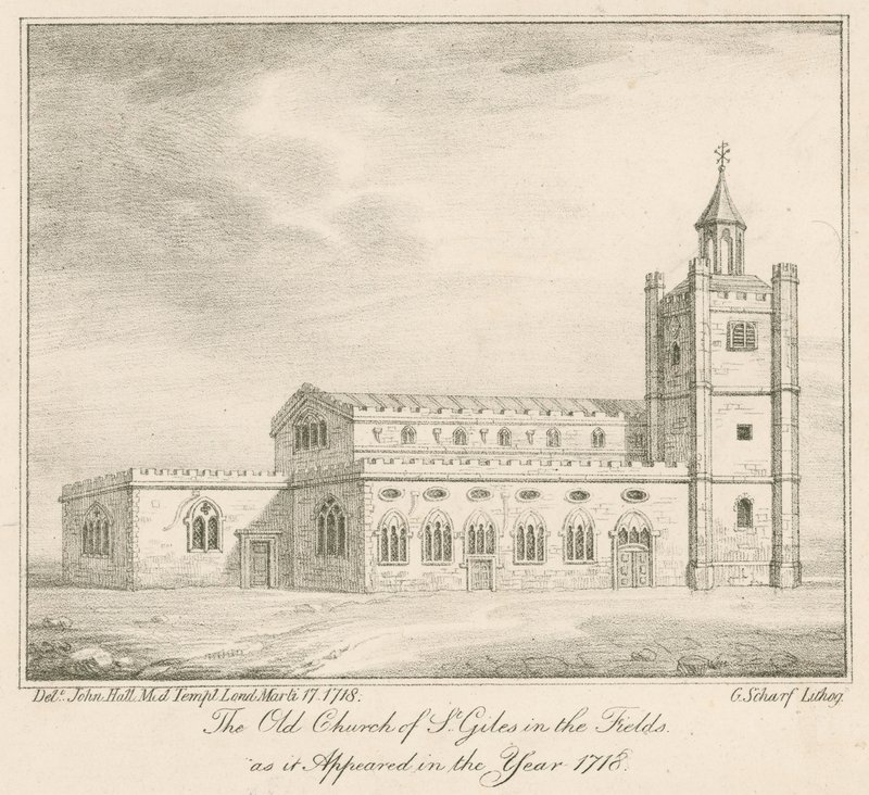 A antiga igreja de St Giles nos campos, Londres, como apareceu no ano de 1718 de English School