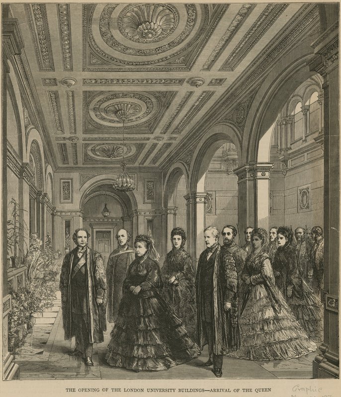 A abertura dos edifícios da Universidade de Londres - chegada da rainha de English School