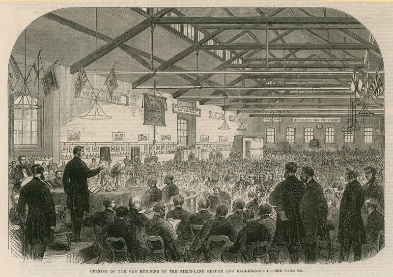 A abertura do novo edifício do refúgio de Field Lane e escola irregular de English School